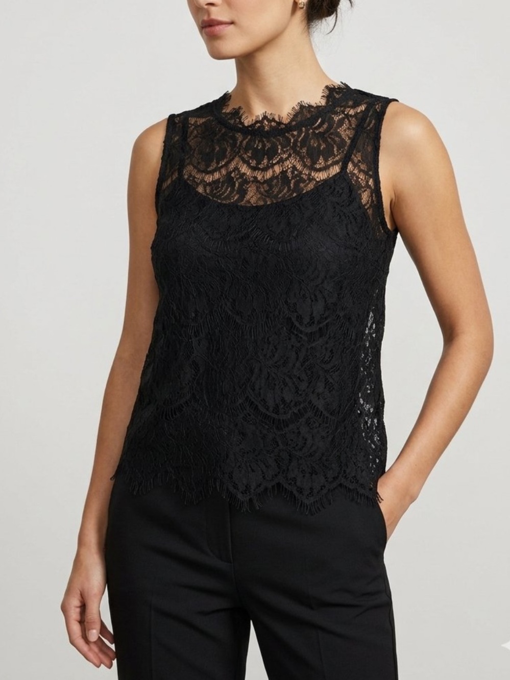 a.moss Black Sheer Floral Lace Sleeveless Top Keyhole Back Size L